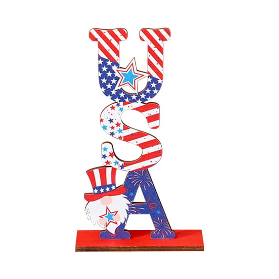 Komiseup Patriotic Wooden Letter Gnome Tabletop Ornaments Decor, 4th of July Independence Day Home Table Decoration Red White Blue Wooden Decor for Memorial Day