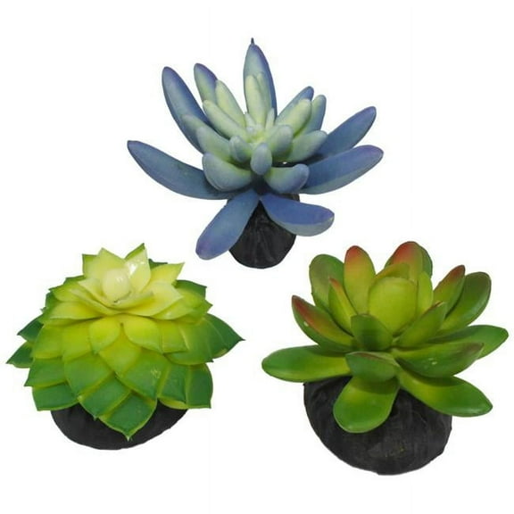 Komodo Artificial Green and Blue Plastic Succulent Plants with Gravel Base, 3 Pack, Aquarium Decor