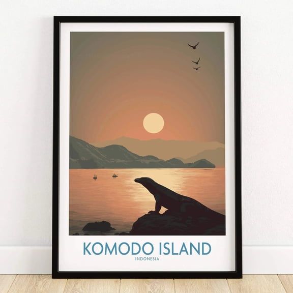 Komodo Dragon Art Print Sunset Silhouette Turquoise Waters Multiple Sizes