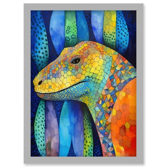 Komodo Dragon Vibrant Folk Art Watercolour Painting Artwork Framed Wall Art Print A4