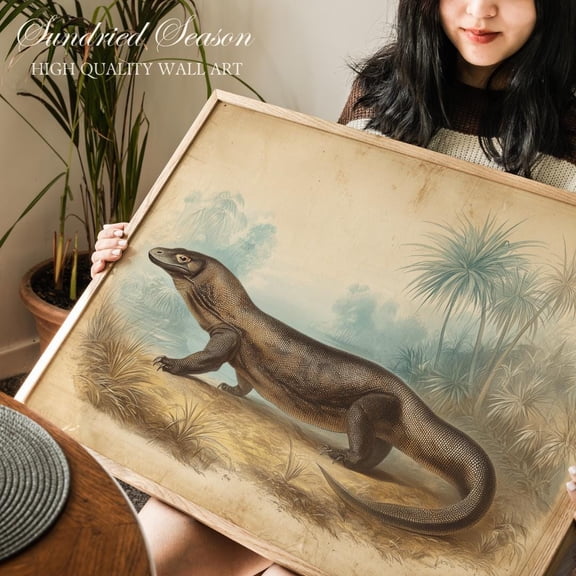 Komodo Dragon Wall Art, Vintage Southeast Asian Monitor Lizard Reptile Illustration With Jungle, Rustic Nature Decor For Bedroom Or Office UNFRAMED Poster, Wall Art for Decor, Present, 8x12