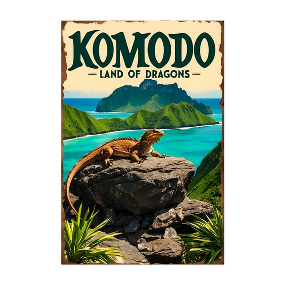 Komodo Island Vintage Travel Poster – Land of Dragons - East Nusa Tenggara Indonesia Illustration Travel Poster Wildlife Landscape Tropical Nature Unframed Wall Art Print 16 x 24 inches