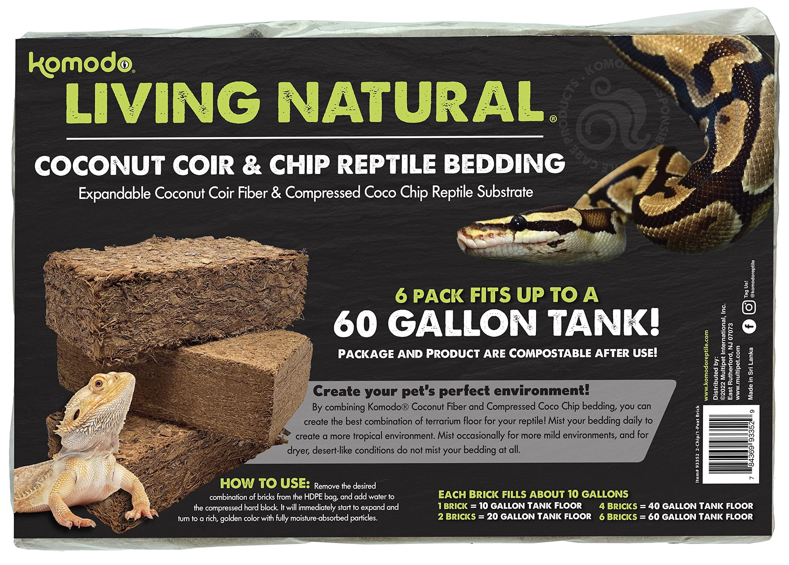 Komodo Living Natural Coconut Coir & Chip Reptile Bedding Brick, 1 Each/3 Pack