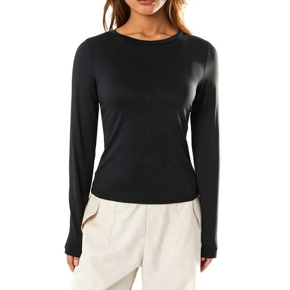 Komoo Fall Casual Slim Fit Basic Crop Tops Solid Long Sleeve Crew Neck Crop Tee Top Tight Tee Shirts