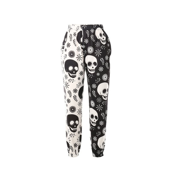 Komoo Female Colorblock Skull Baggy Sweatpants Pockets High Waist Joggers Pants Contrast Color Sporty Athletic Lounge Trousers S/M/L/XL