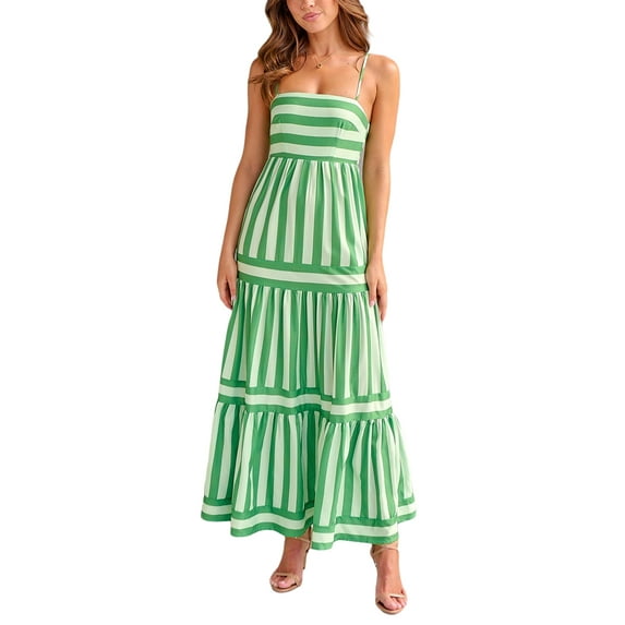 Komoo Striped Dress for Women Spaghetti Strap Tiered Ruffle Flowy A-Line Long Sundress with Pockets