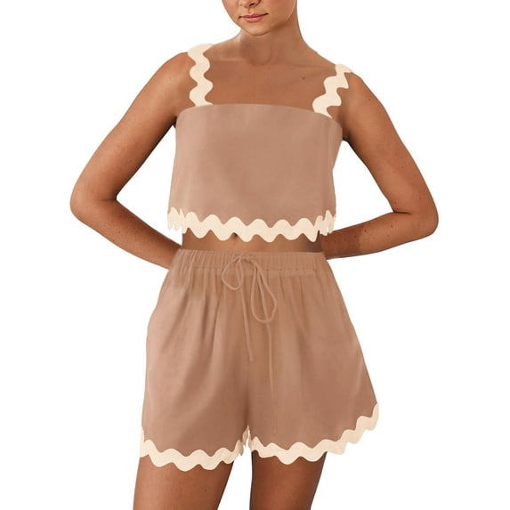 Komoo Summer Sets for Women Contrast Color Rickrack Trim Cami Tops High Waist Shorts 2 Piece Outfit