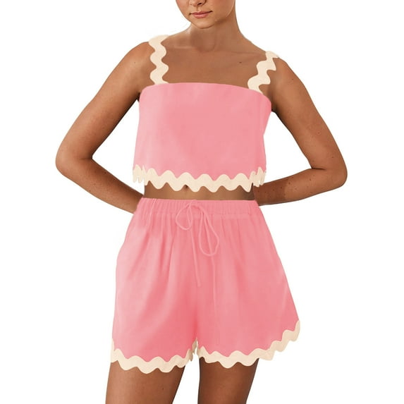 Komoo Summer Sets for Women Contrast Color Rickrack Trim Cami Tops High Waist Shorts 2 Piece Outfit