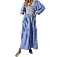 thumbnail image 1 of Komoo Women Boho Midi Dress Lantern Sleeve 3D Flower Embroidered Tiered Flowy Swing Long Dress, 1 of 8