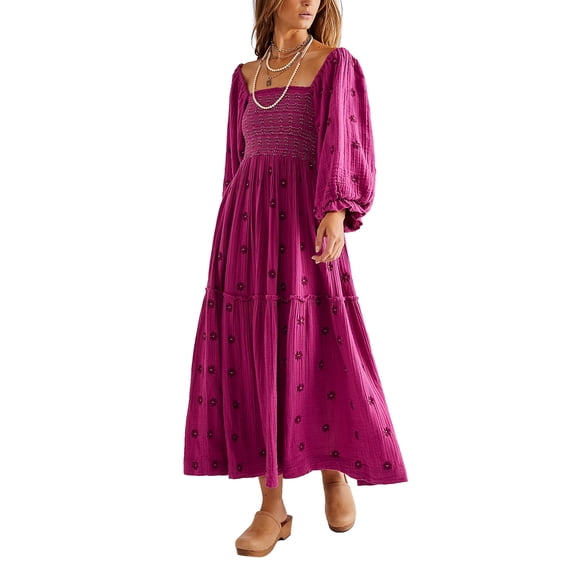 Komoo Women Boho Midi Dress Lantern Sleeve 3D Flower Embroidered Tiered Flowy Swing Long Dress