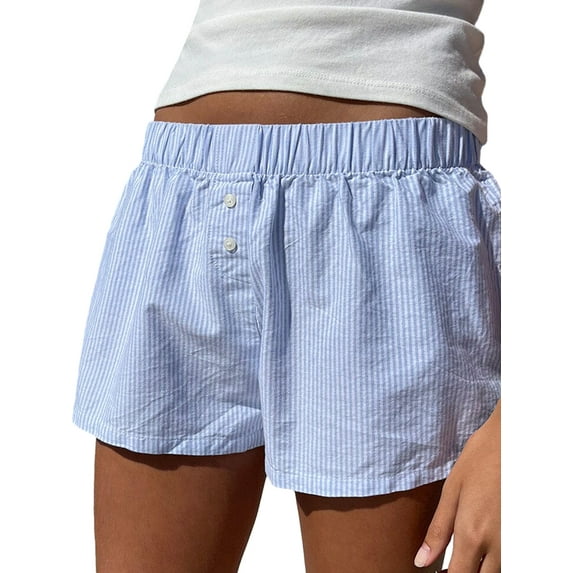 Komoo Women Boxer Shorts Elastic Waist Plaid Striped Print Pajama Shorts Summer Casual Pj Bottoms
