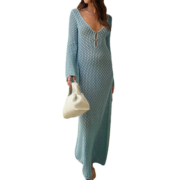 Komoo Women Crochet Long Dress Long Sleeve V-Neck Hollow Out Knit Bodycon Dress Going Out Dress