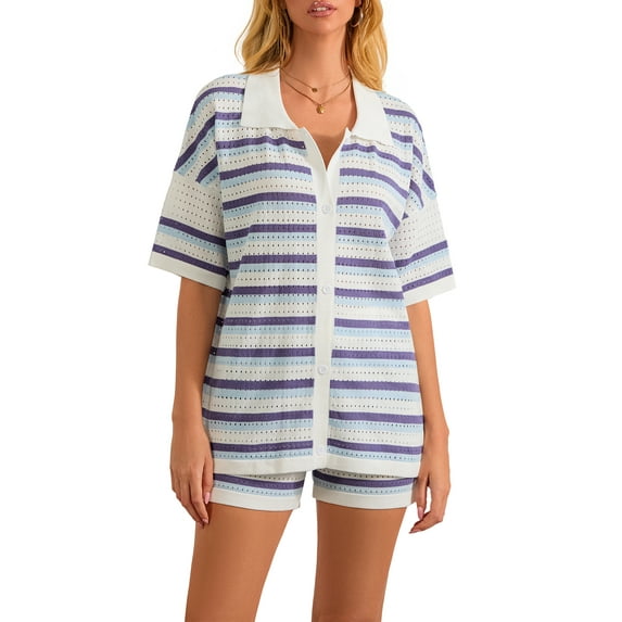 Komoo Women Crochet Matching Set Contrast Color Striped Print Top Shorts 2 Piece Summer Loungewear