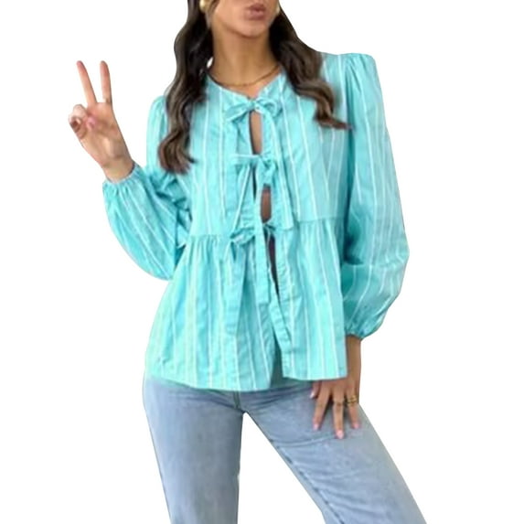 Komoo Women Front Tie Peplum Blouse Long Puff Sleeve Striped Babydoll Tops Teen Girls Summer Shirts