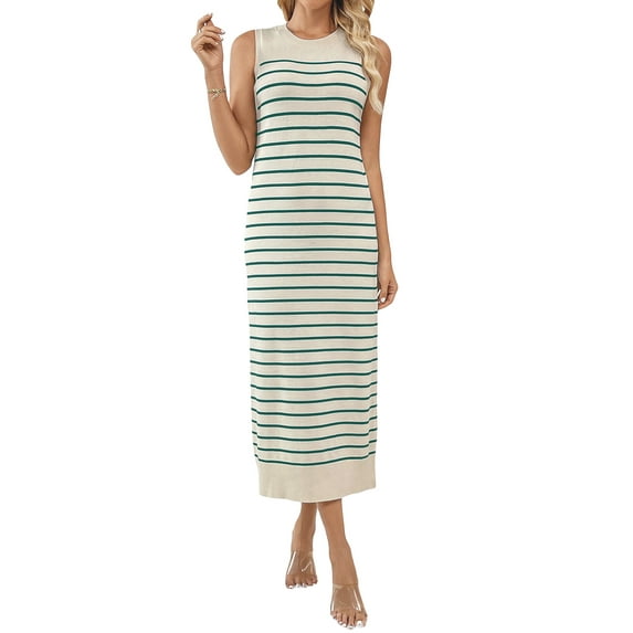 Komoo Women Summer Knit Dress Sleeveless Round Neck Striped Midi Dress Slim Fit Long Tank Sundress