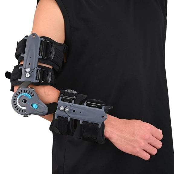 Komzer Hinged Elbow Brace ROM Elbow Brace Support with Strap Sling Adjustable Post Op Elbow Stabilizer Splint Arm Injury Recovery Support After Surgery (Right)