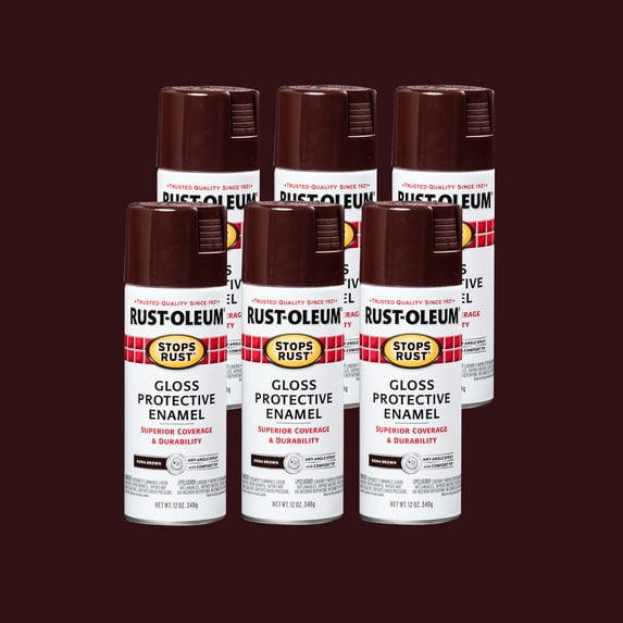 6 Pack, Kona Brown, Rust-Oleum Stops Rust Gloss Protective Enamel Spray Paint-267112, 12 oz