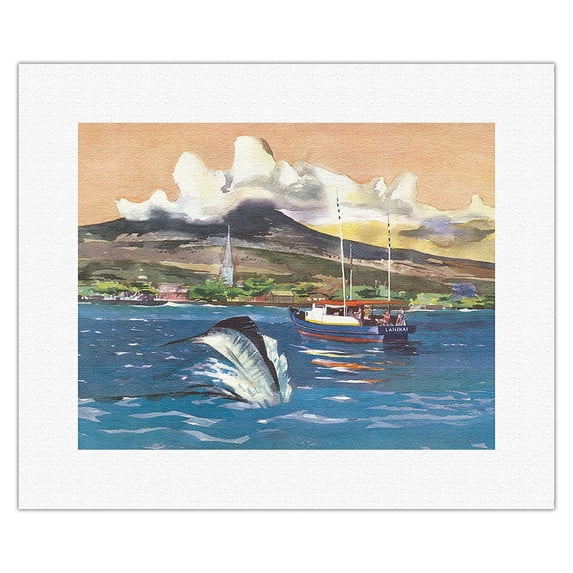 Kona Coast Hawaii - Marlin Fishing - United Air Lines - Vintage Airline Travel Poster by Millard Sheets c.1958 - Fine Art Rolled Canvas Print 11in x 14in