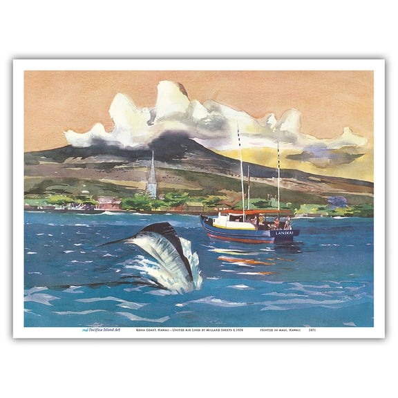 Kona Coast Hawaii - Marlin Fishing - United Air Lines - Vintage Airline Travel Poster by Millard Sheets c.1958 - Master Art Print (Unframed) 9in x 12in