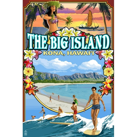 Kona, Hawaii, Montage Scene (16x24 Giclee Gallery Art Print, Vivid Textured Wall Decor)