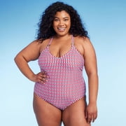 Kona Sol Size 14 0X Red & Blue Geo Print W/ Ring Strap Detail 1 Piece Swimsuit