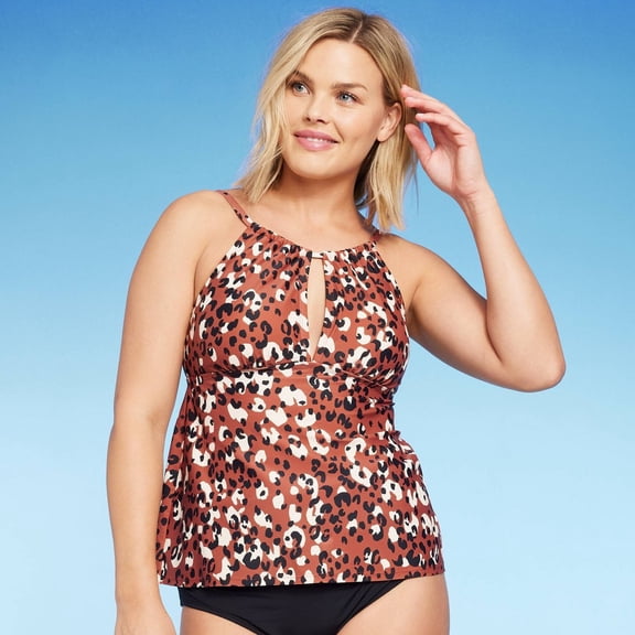 Kona Sol Tankini Top Womens S Brown Leopard Print Keyhole Neck Adjustable Straps