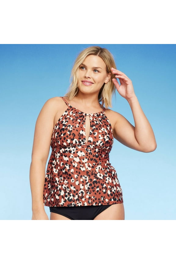 Tankini Top Womens S Brown Leopard Print Keyhole Neck Adjustable Straps