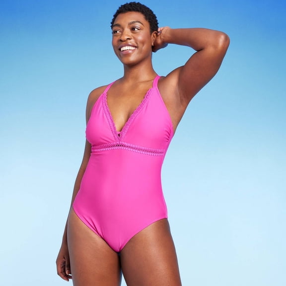 Kona Sol Women's Crochet Shell Stitch Medium Coverage One Piece Swimsuit - Pink S