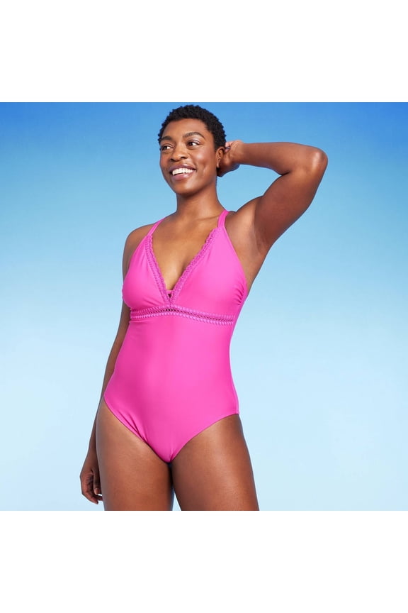 Women's Crochet Shell Stitch Medium Coverage One Piece Swimsuit - Pink S