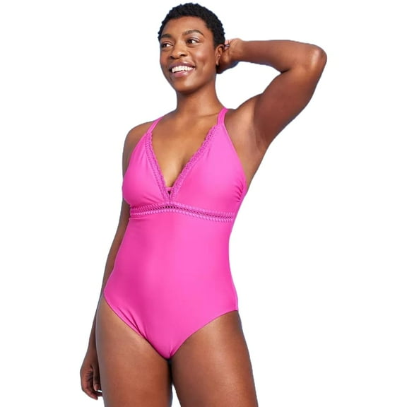 Kona Sol Women's Crochet Shell Stitch Medium Coverage One Piece Swimsuit - (US, Alpha, Medium, Regular, Regular, Pink)
