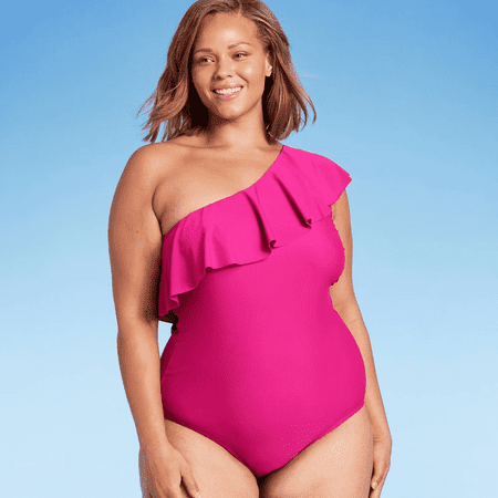 Kona Sol Women's Ruffle One Shoulder High Coverage One Piece Swimsuit - (Pink, 16)