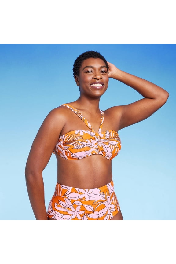 Women's Tropical Print Bralette Bikini Top - Orange S