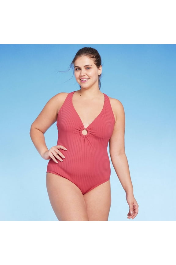 Women's Wide Ribbed Center Ring One Piece Swimsuit Dark Pink L 12-14