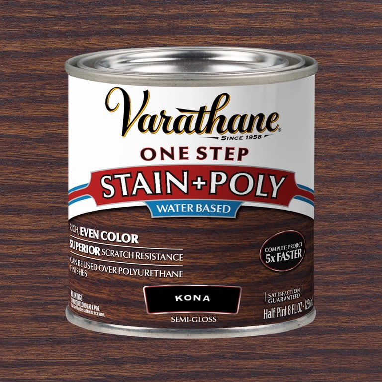 stain wood and water bace polyurethane Kona, Varathane + Polyurethane, Semi-Gloss -384358, Half Pint and detailed woodworking applications Home - The B-12 Quantity:1 HRIG Solution