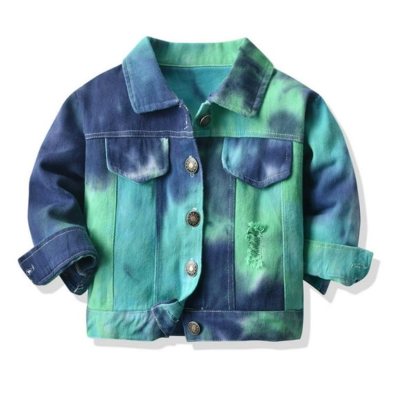 Konbeca Toddler Baby Girls Jean Jacket Coat, Fall Winter Tie Dye Ripped Denim Jacket, Button Down Coat for Kids Boys,Kids Jean Jacket Coat Green 4-5 Years