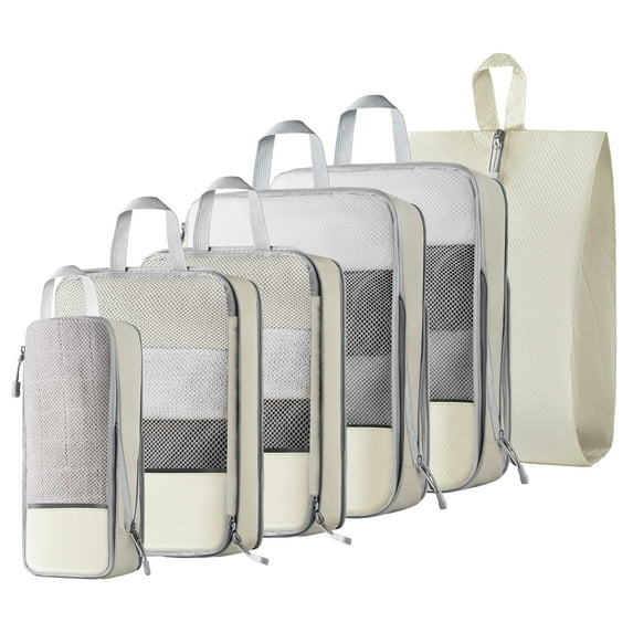 Koncle 6 Set Compression Packing Cubes Travel Accessories Expandable Packing Organizers, Lightweight Suitcase Packing Cells Bags Set Travel Essentials, Travel Bags Carry-on Luggage Suitcase (Cream)