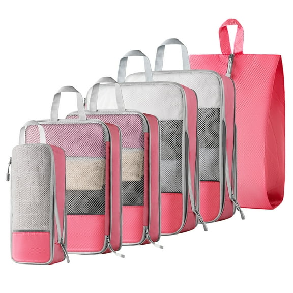 Koncle 6 Set Compression Packing Cubes Travel Accessories Expandable Packing Organizers, Lightweight Suitcase Packing Cells Bags Set Travel Essentials, Travel Bags Carry-on Luggage Suitcase (Pink)