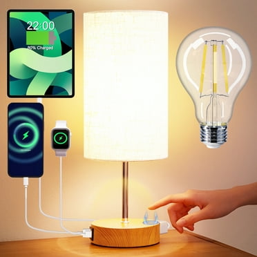 Koncle Bedside Lamp Touch Control Table Lamp with USB A+C Charging Ports & AC Outlet 3-Way Dimmable Nightstand Lamp with Linen Fabric Shade for Bedroom Living Room(E26 Light Bulb Included)