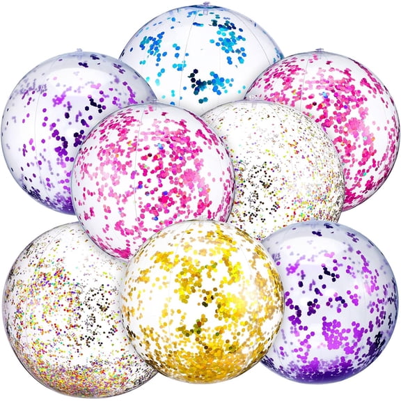 Konexial 10 Pcs Inflateable Sequin Glitter Beach Balls, 24 Inch and 16 Inch Jumbo Pool Confetti Glitter Balls, Swimming Pool Beach Toys for Summer Favor Decorations