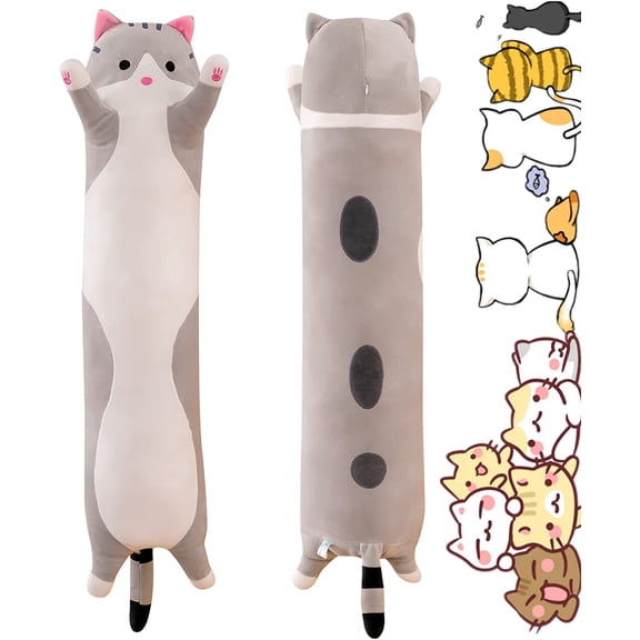 Konexial 43.32in Long Gray Cat Plush Pillow Toy Jumbo Cat Sleeping Pillow | Soft cat plush body pillow offering cozy hugging comfort. Ideal bedtime plushie & gift for kids, girls & cat lovers.