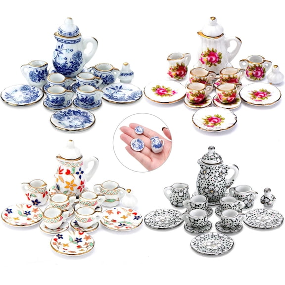 Konexial 60 Pieces 1:12 Scale Miniatures Porcelain Tea Cup Set, Flower Pattern, Plum Blossom, Red Rose Teapot Cup Set Accessories(Blooming Porcelain Series)