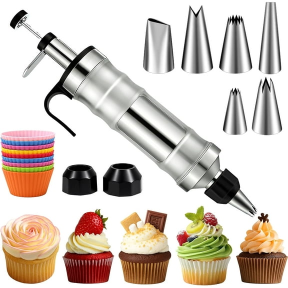 Konexial Dessert Decorating Syringe Set, Stainless Steel Icing Pipe Kit | Cake Decorating Tool, 6 Pipe Icing Nozzles, Cupcake Decorating Kit