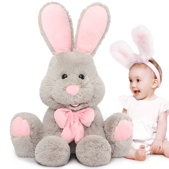 Konexial Giant Bunny Plush Animal, 31.5 "Big Grey Rabbit Plush with Pink Ears, Soft Toy for Girls/Boys, Ideal Gifts for Easter, Halloween, Christmas, Hugs, Snuggles