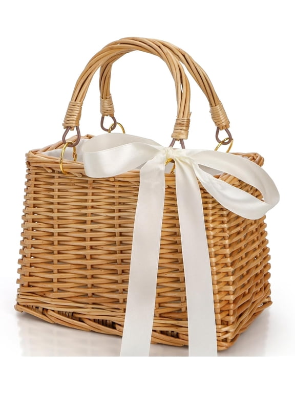 Handwoven Rattan Handbag, Wicker Rectangle Basket Purse with White Ribbon, Summer Beach Top Handle Clutch, Boho Style Woven Purse, Rustic Flower Basket for Women, Travel, Vacation, Wedding