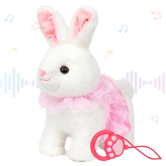 Konexial Hopping Bunny Interactive Electronic Rabbit Toy Remote Control Leash Animated Pet Repeat What You Said Singing Gifts for Toddlers, White, 12''