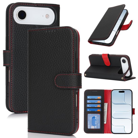 Konexial Leather Wallet Case for iPhone 17 Air, 4 Card Slot, Black & Red | Genuine Leather, Card Holder, Shockproof TPU Shell, Magnetic Closure, Protective Flip Folio Phone Cover, For Women Men