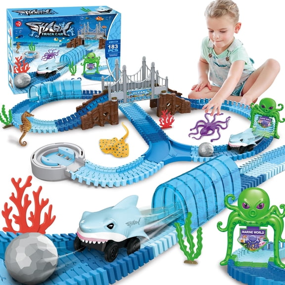 Konexial Track Toys 183 Pcs Shark Race Car Toys for Boys Girls Bendable Flexible Racetrack Cars with Shark & Ball, Ocean Theme Train Toys, STEM Educational Playset Birthday Gift