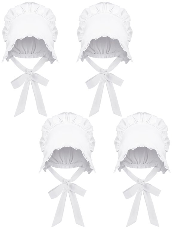 White Mob Cap Women Colonial Bonnet Hat Grandma Mop Hat Mob Bonnets Lace with Adjustable Straps for Maid
