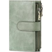Konexial Womens Wallet RFID Blocking Leather Trifold Credit Card Holder | Double Zipper Coin Pockets, Large Capacity, Ladies Travel Wallet, Green Soft Leather,3 ID Windows, Multi Card Slots