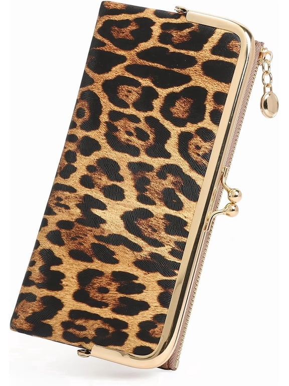 Womens Wallet Kiss Lock Bifold Leather Wallets for Women Leopard Print